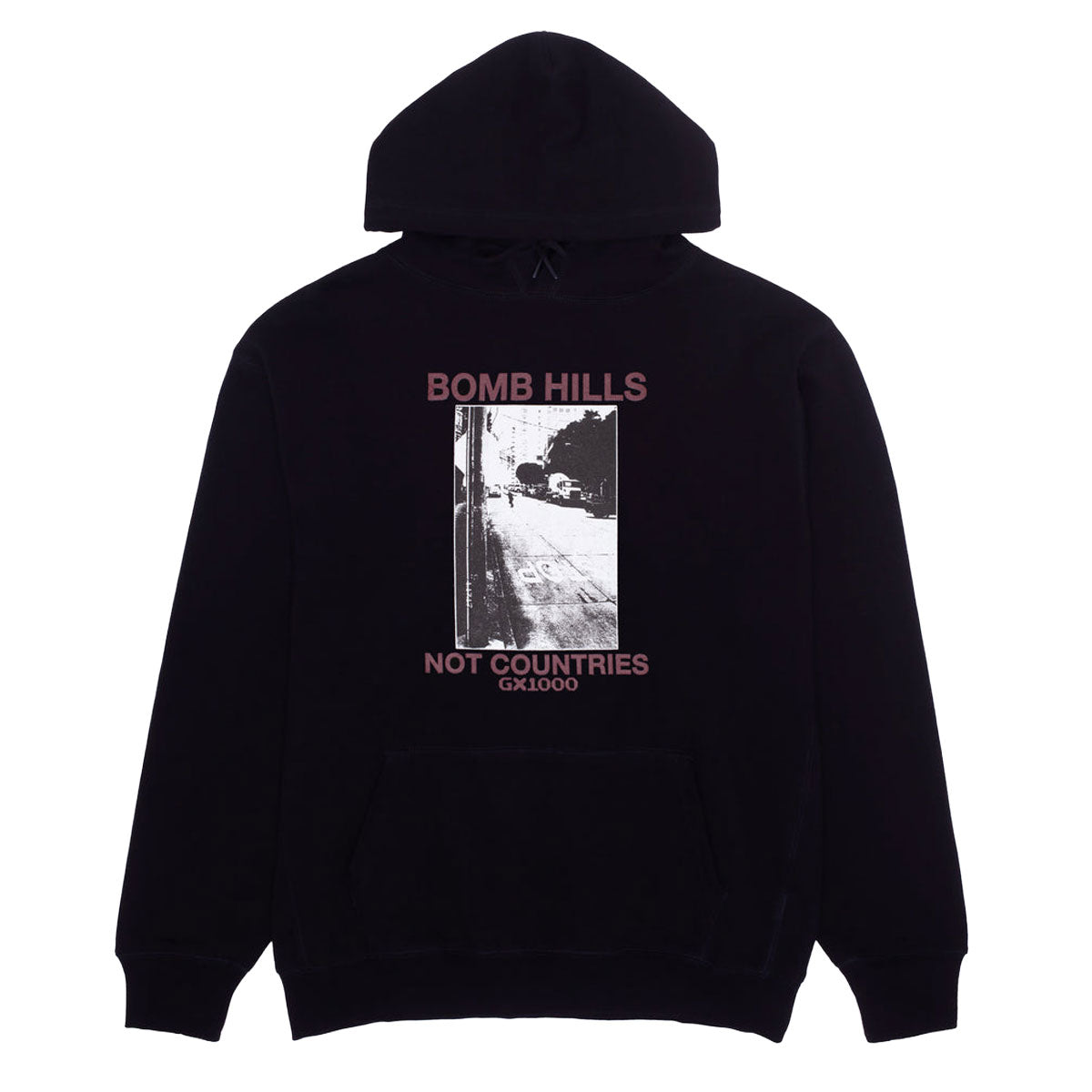 GX1000 Bomb Hills Not Countries Hoodie - Black/Burgundy Font image 1
