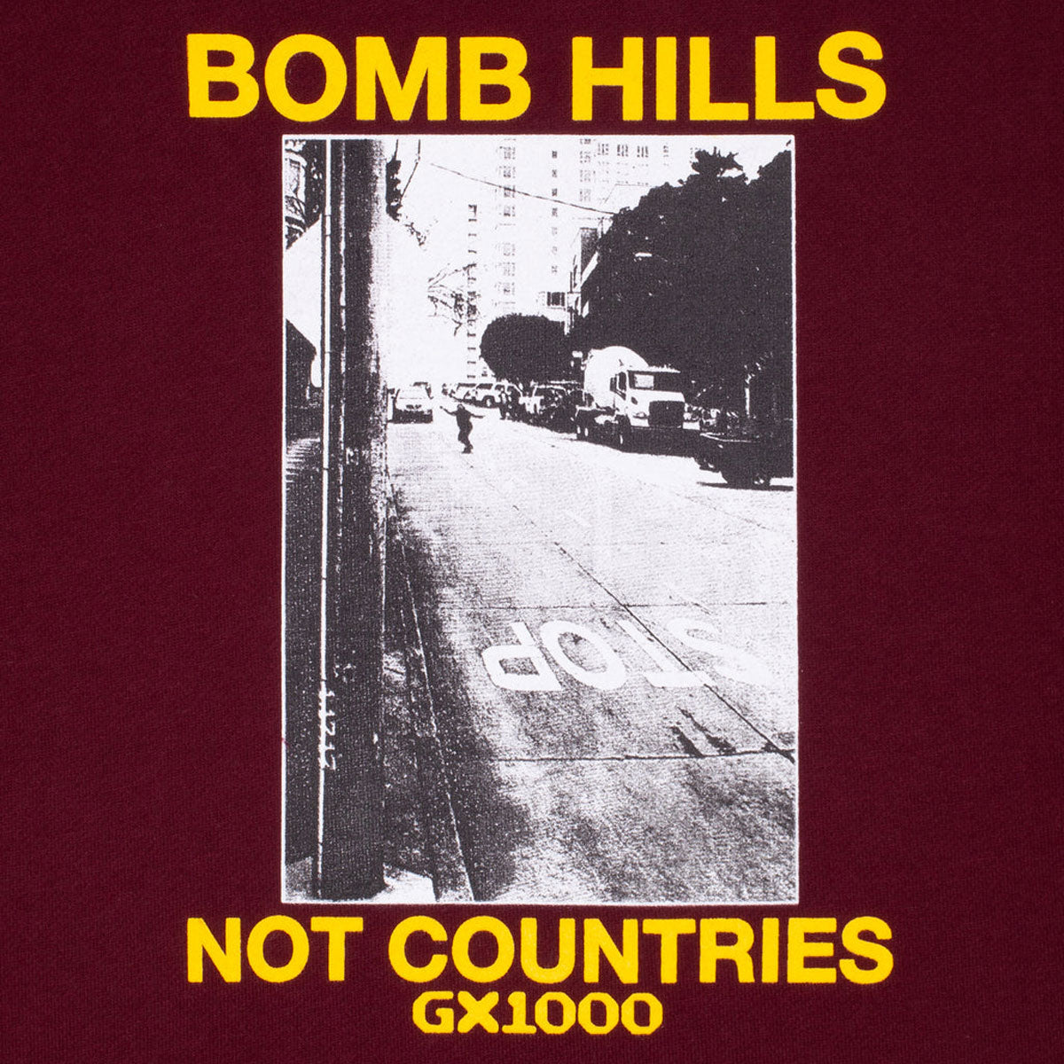 GX1000 Bomb Hills Not Countries Hoodie - Burgundy/Yellow Font image 2