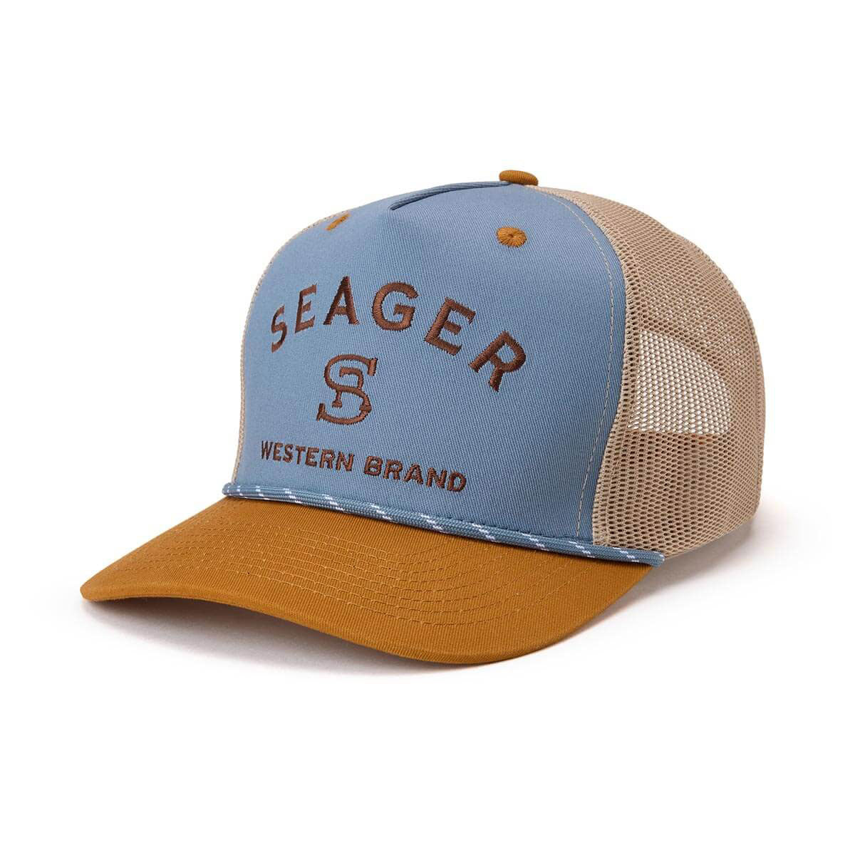 Seager Branded Trucker Snapback Hat - Blue/Tan image 1