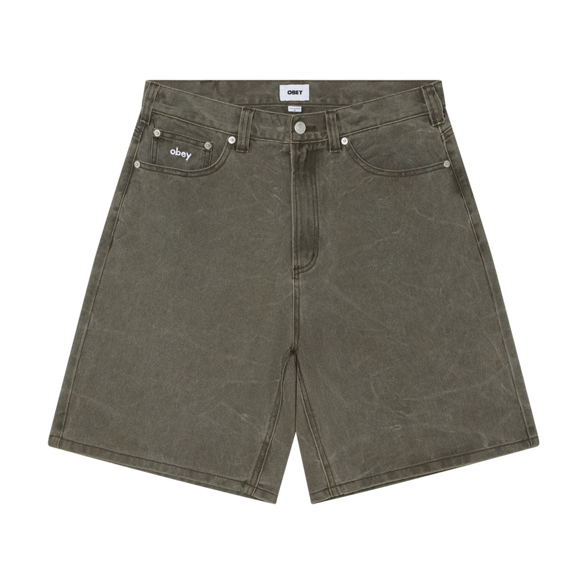 Obey Bigwig Baggy Denim Shorts - Black Olive Wrinkle Wash image 1