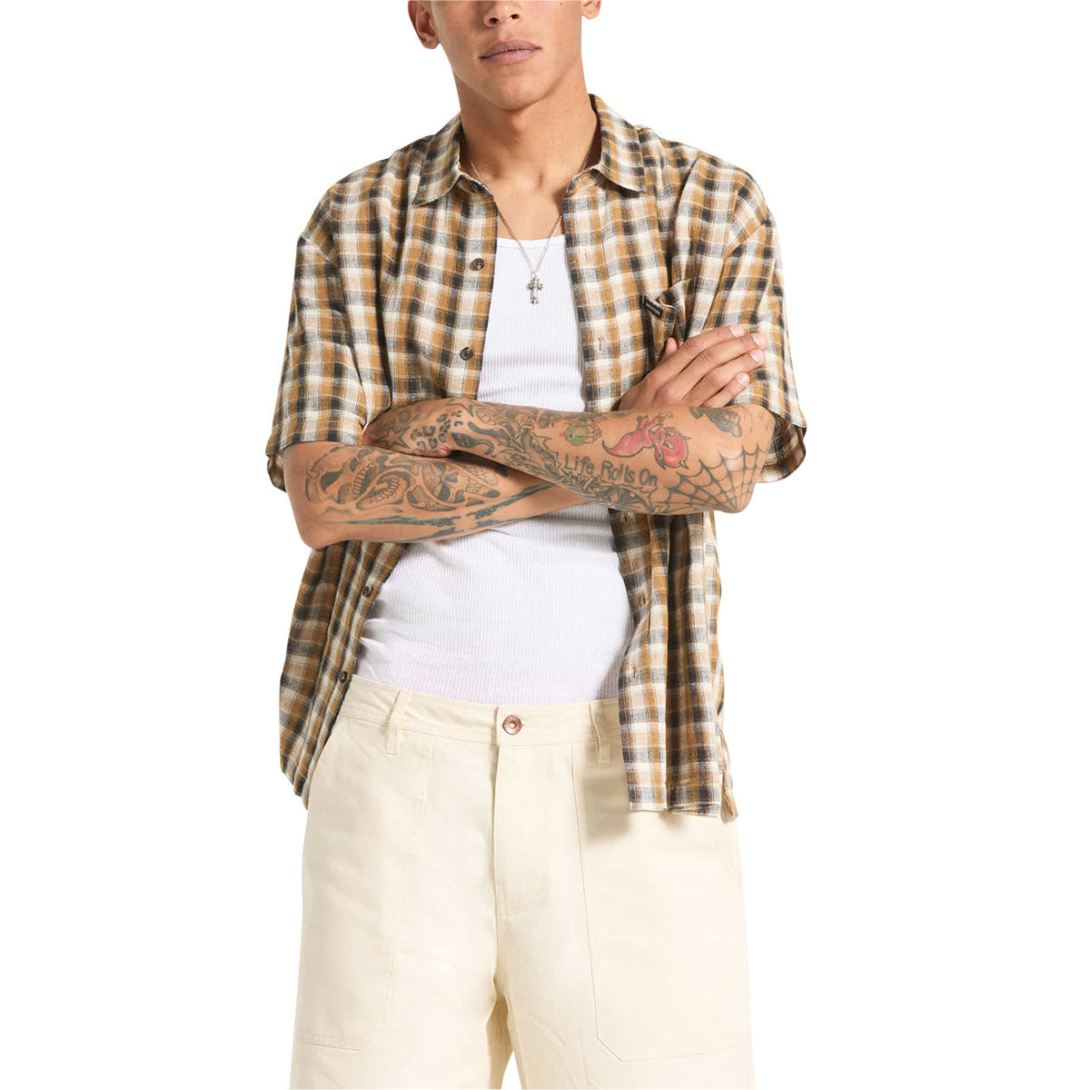 Brixton Cru Linen Blend Plaid Shirt - Black/Tobacco Plaid image 2