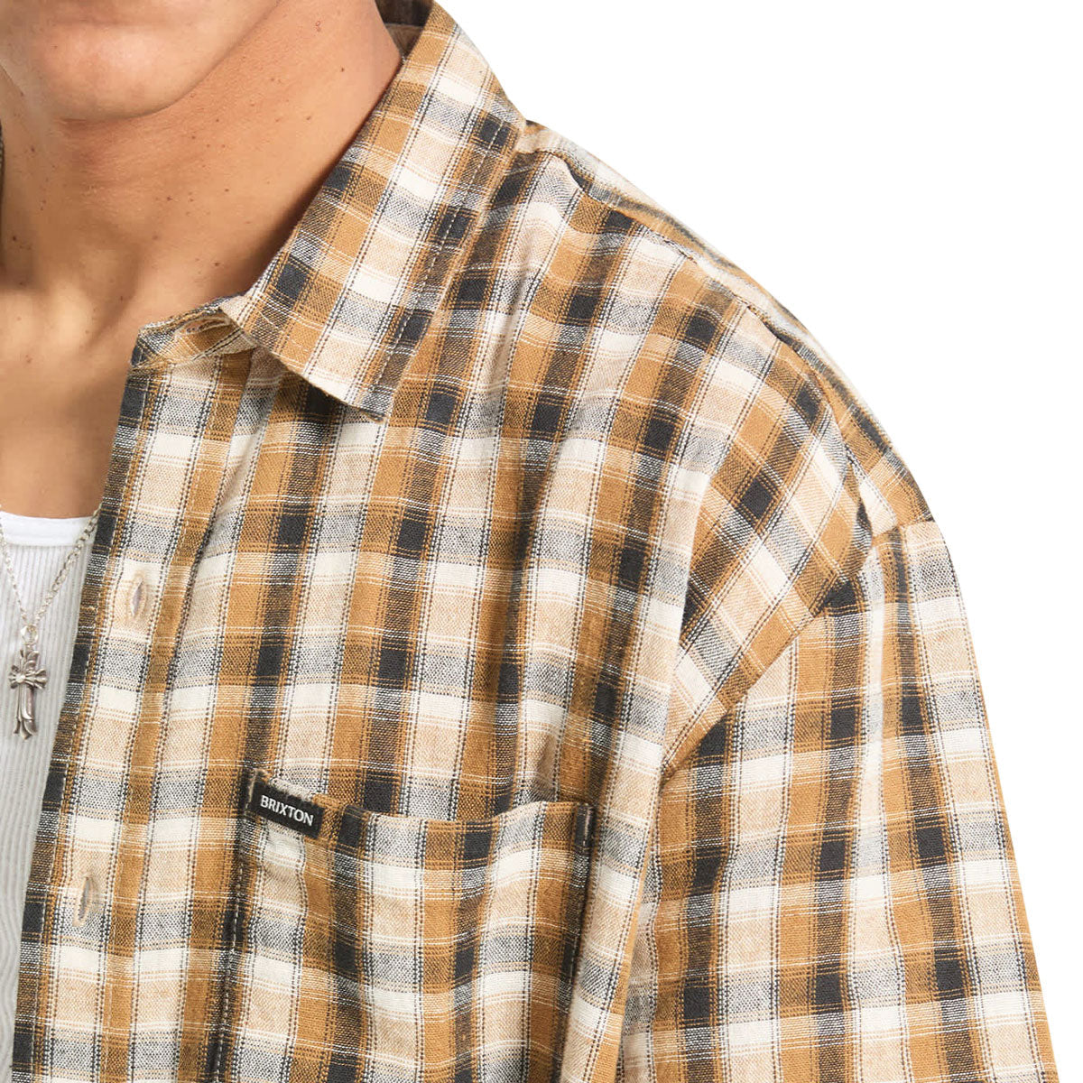 Brixton Cru Linen Blend Plaid Shirt - Black/Tobacco Plaid image 4