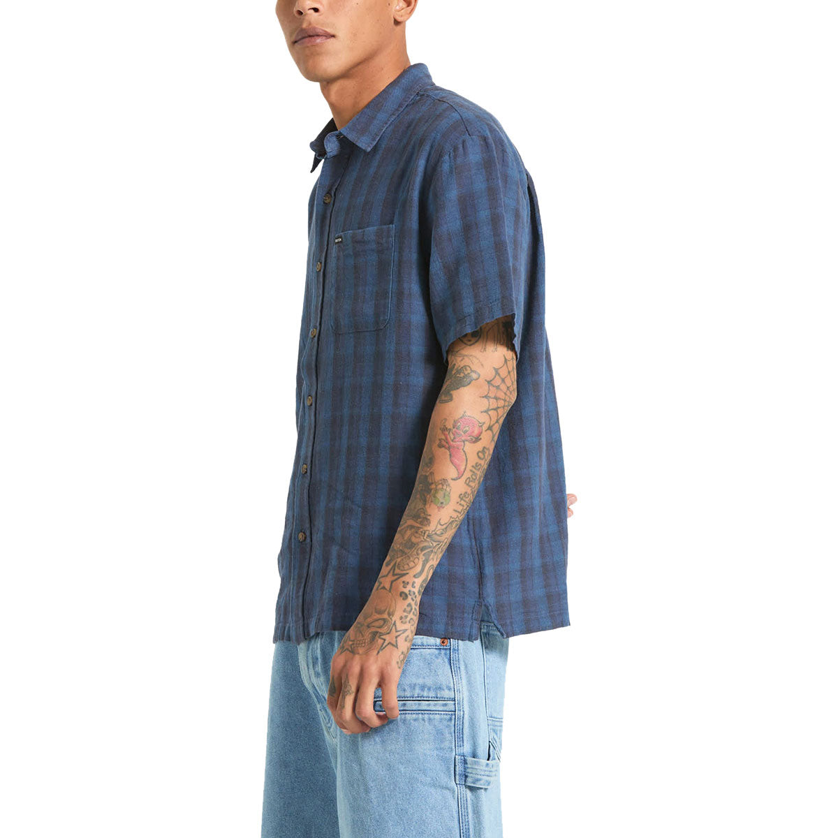 Brixton Cru Linen Blend Plaid Shirt - Dark Blue/Black Plaid image 4