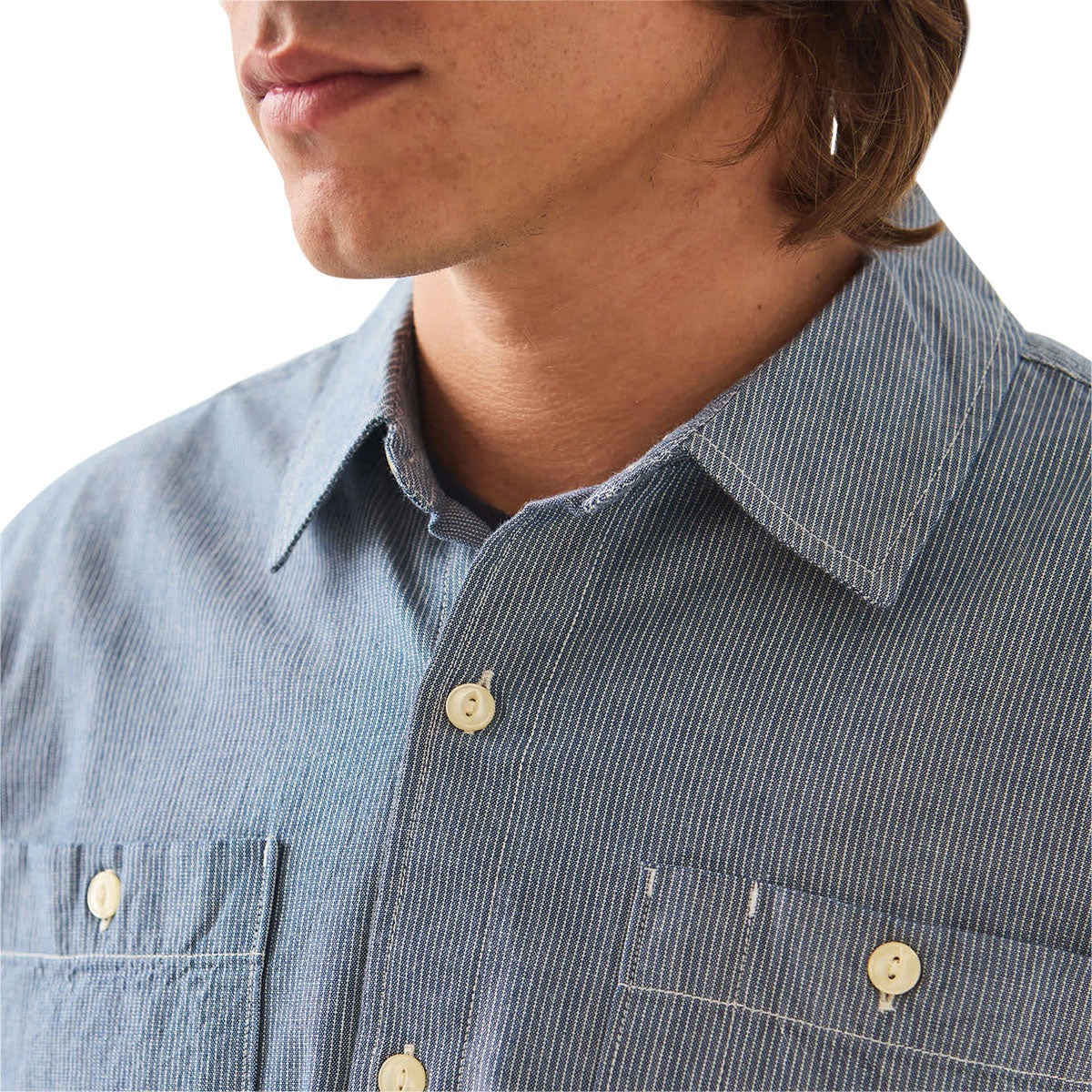Brixton Trademark Long Sleeve Woven Shirt - Blue Chambray Micro Stripe image 2