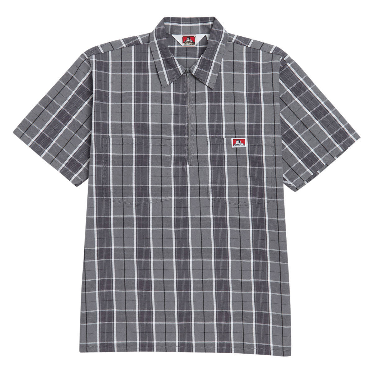 Ben Davis Short Sleeved Plaid 1/2 Zip Shirt - Grey/Black image 1