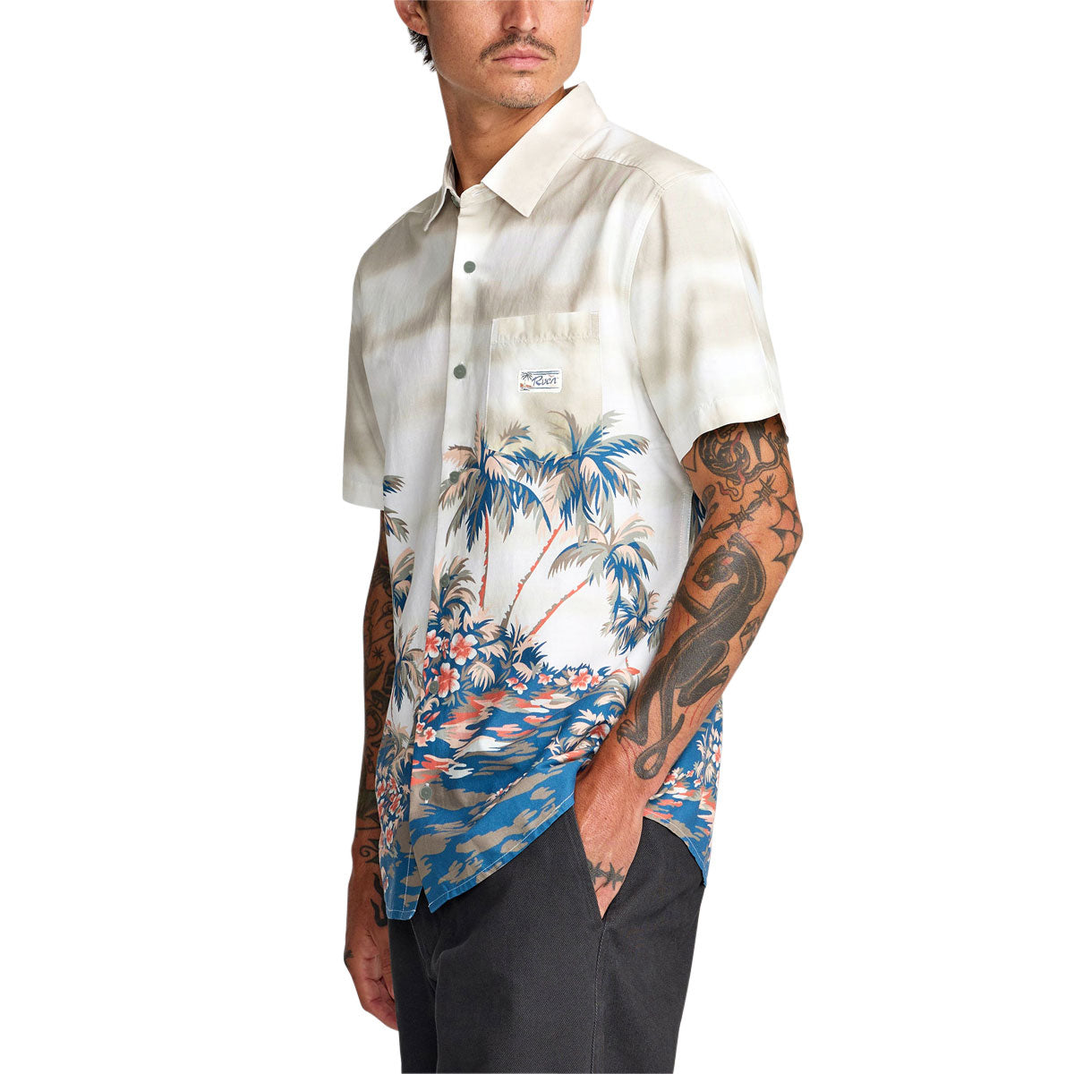 rvca dress shirts RVCA Mens Frame Chambray Short Sleeve Shirt, Washed Black, Size XXL