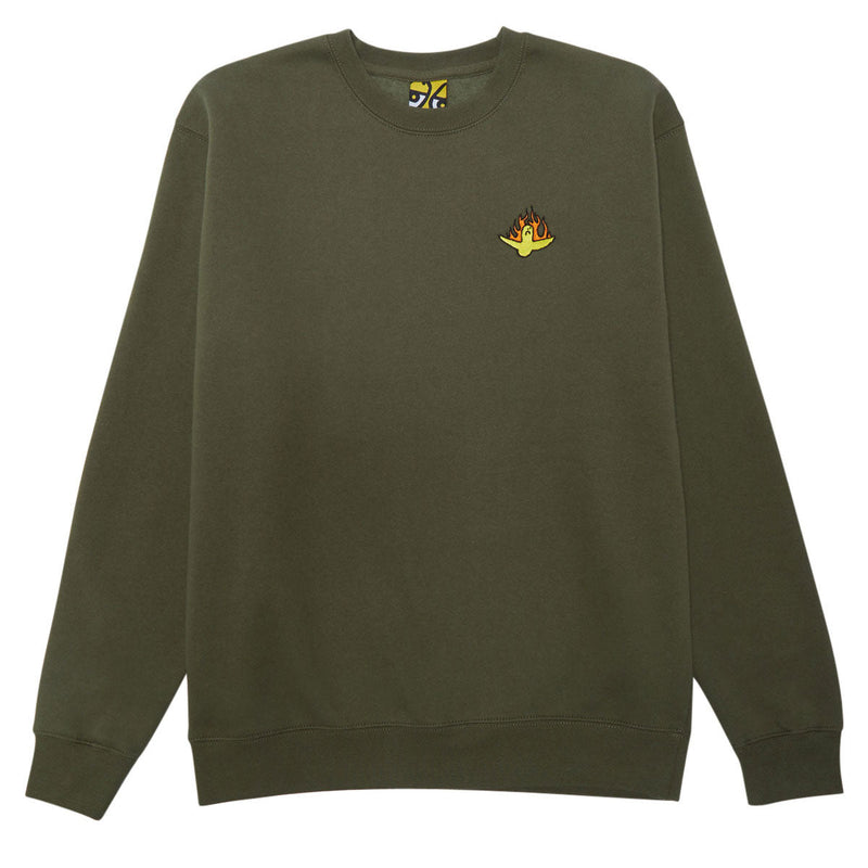 Krooked Fire Bird Emb Sweatshirt - Army/Yellow/Orange/Black Embroidery