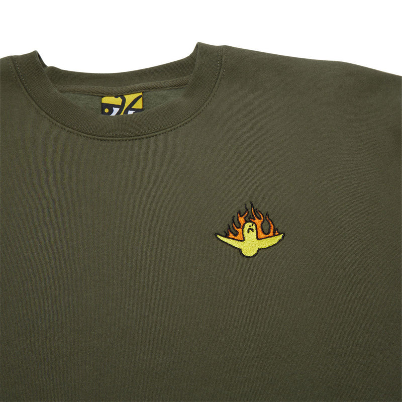 Krooked Fire Bird Emb Sweatshirt - Army/Yellow/Orange/Black Embroidery