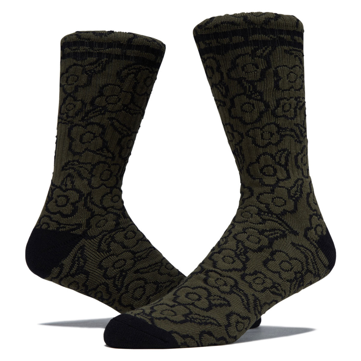 Krooked Multi Flowers Socks - Olive/Black image 2
