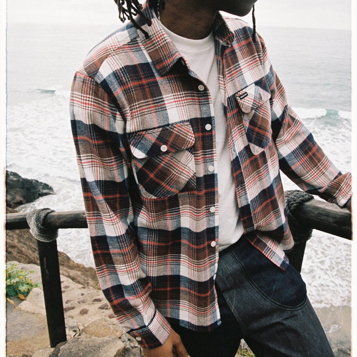 Brixton Bowery Flannel Long Sleeve Shirt - Washed Navy/Sepia/Off White image 4