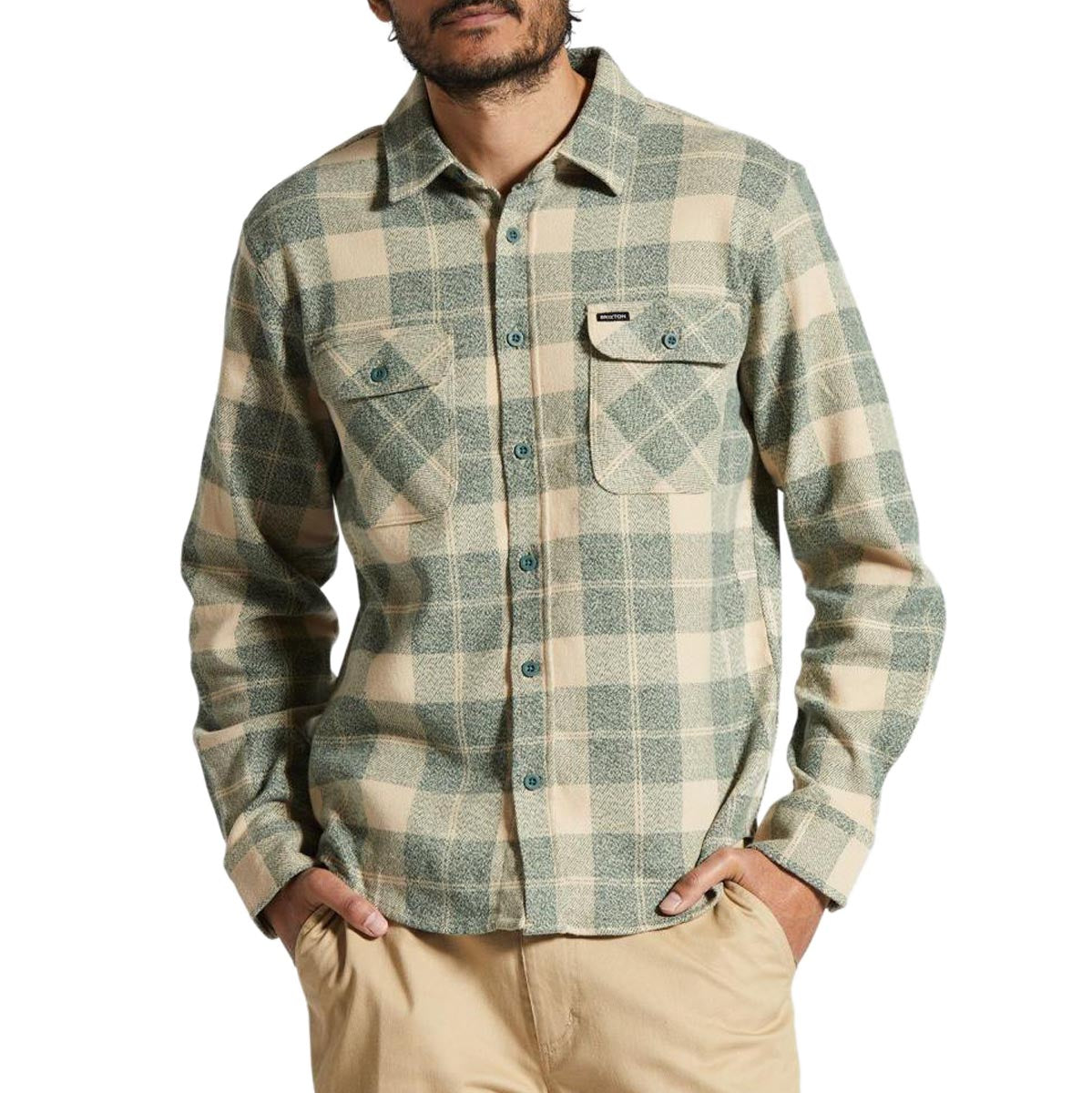 Brixton Bowery Stretch Water Resistant Flannel Shirt - Trekking Green/Oatmilk image 1