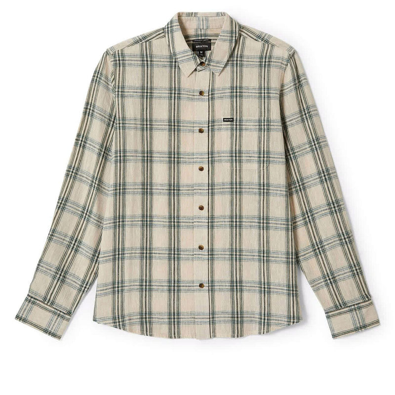 Brixton Charter Linen Blend Long Sleeve Shirt - Off White/Ivy Green Plaid