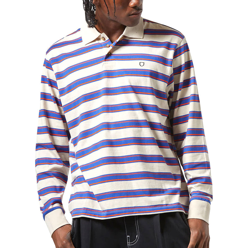 Brixton Vintage Stripe Long Sleeve Polo Shirt - Electric Blue/Flame/Whitecap