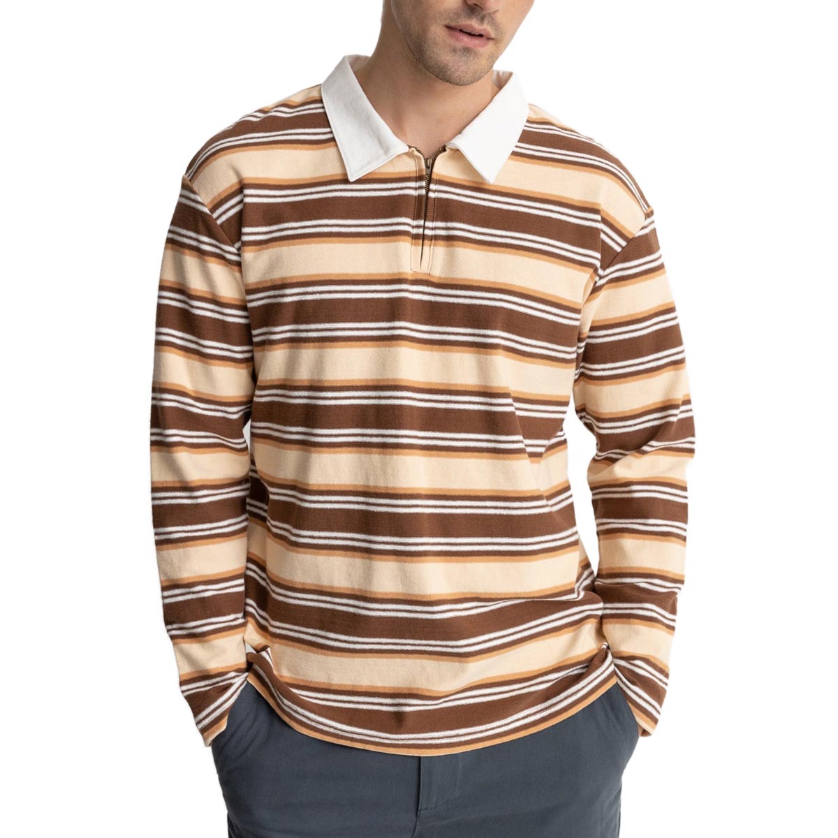 Rhythm Vintage Stripe Polo Long Sleeve Shirt - Coffee image 1