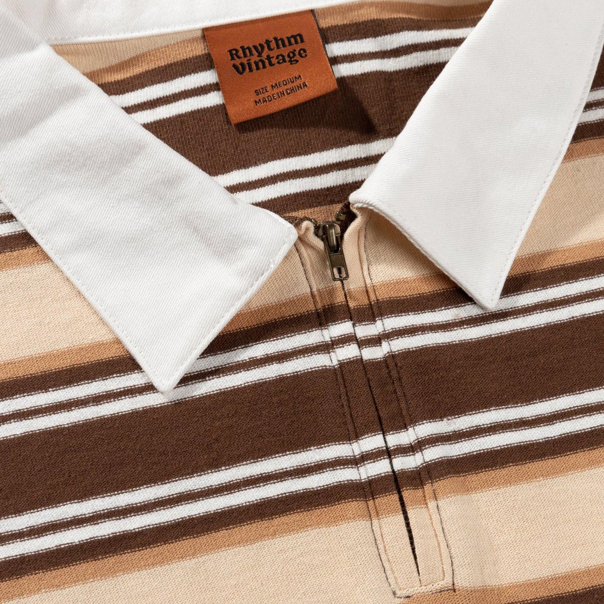Rhythm Vintage Stripe Polo Long Sleeve Shirt - Coffee image 3