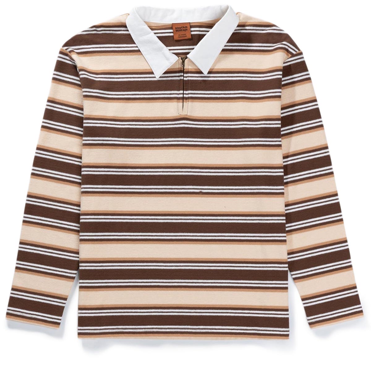 Rhythm Vintage Stripe Polo Long Sleeve Shirt - Coffee image 4