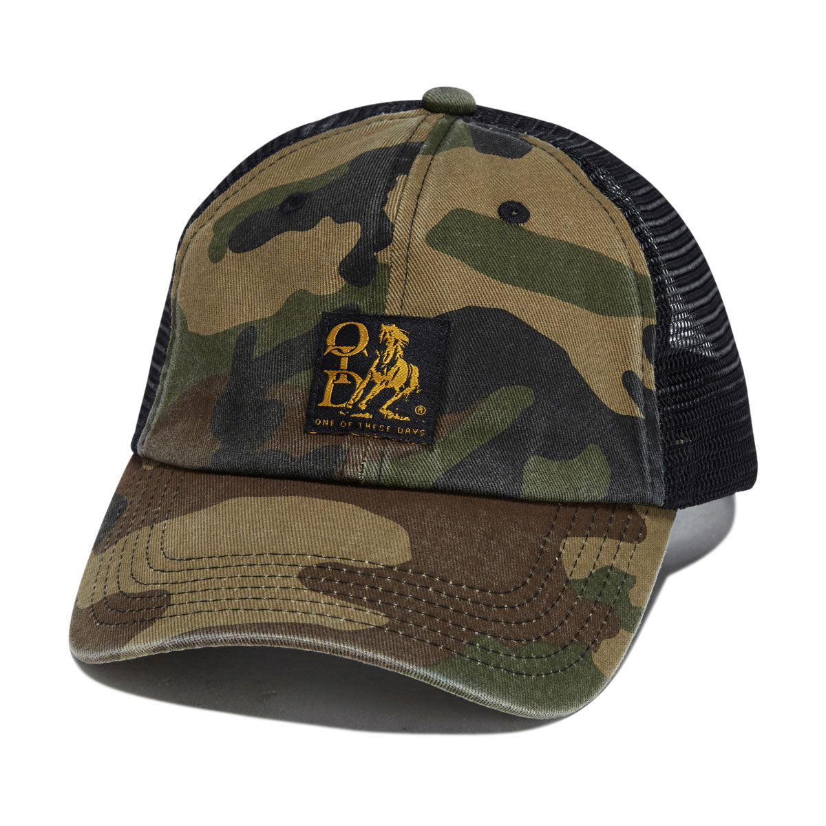 One Of These Days Woven Label Trucker Hat - Woodland Camo image 1