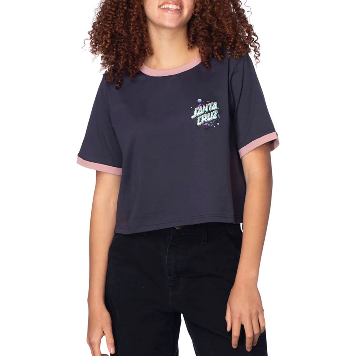 Santa Cruz Womens Wooten Ominous Dot Crop Ringer T-Shirt - Navy/Mauve image 1