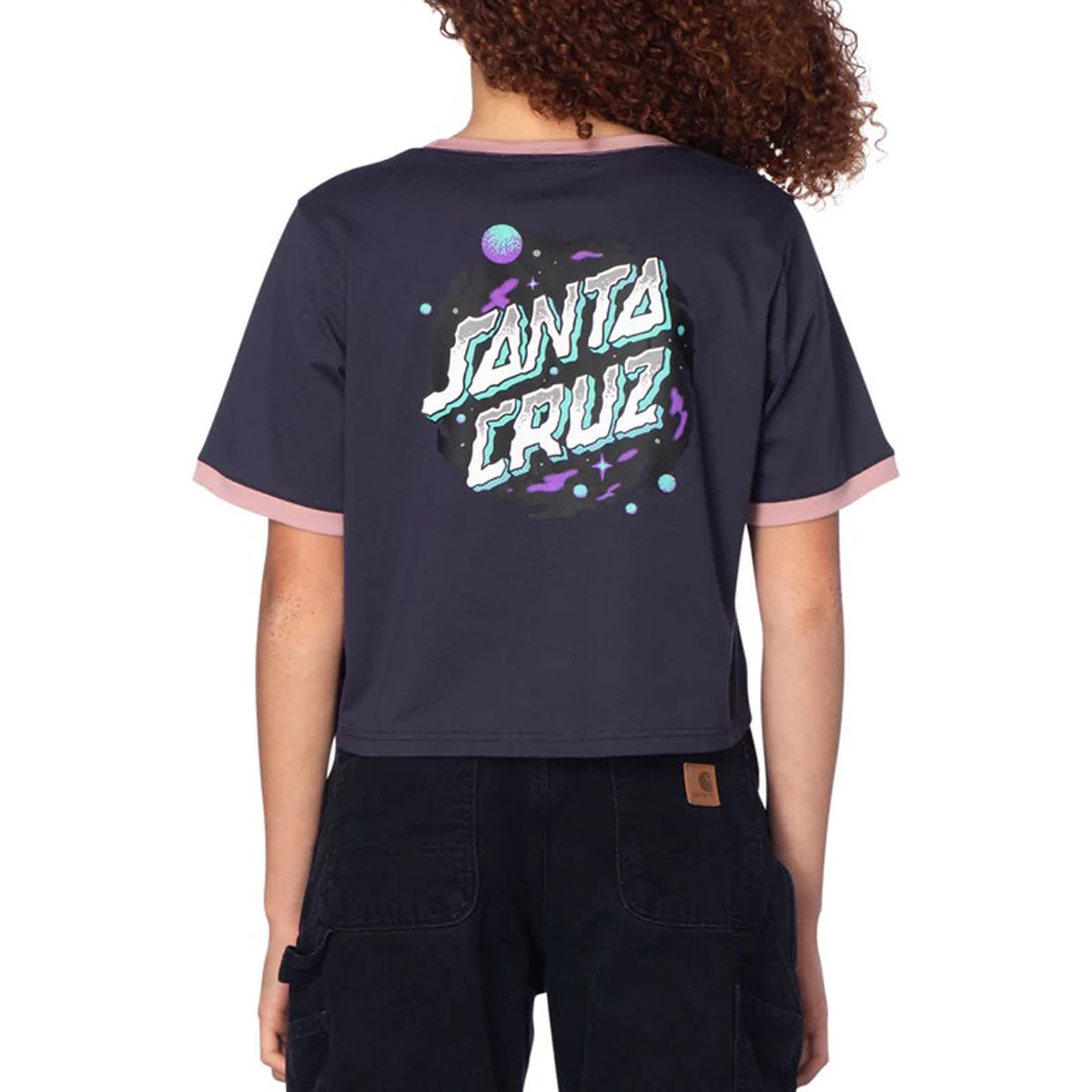 Santa Cruz Womens Wooten Ominous Dot Crop Ringer T-Shirt - Navy/Mauve image 2