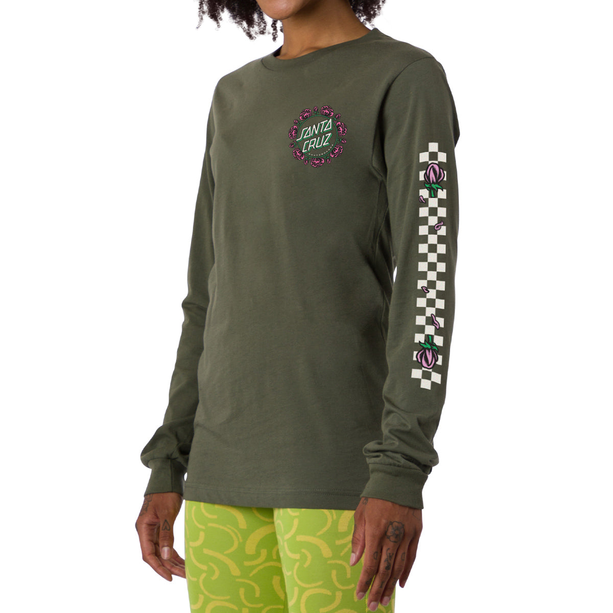 Santa Cruz Womens Check Floral Long Sleeve T-Shirt - Military Green image 2